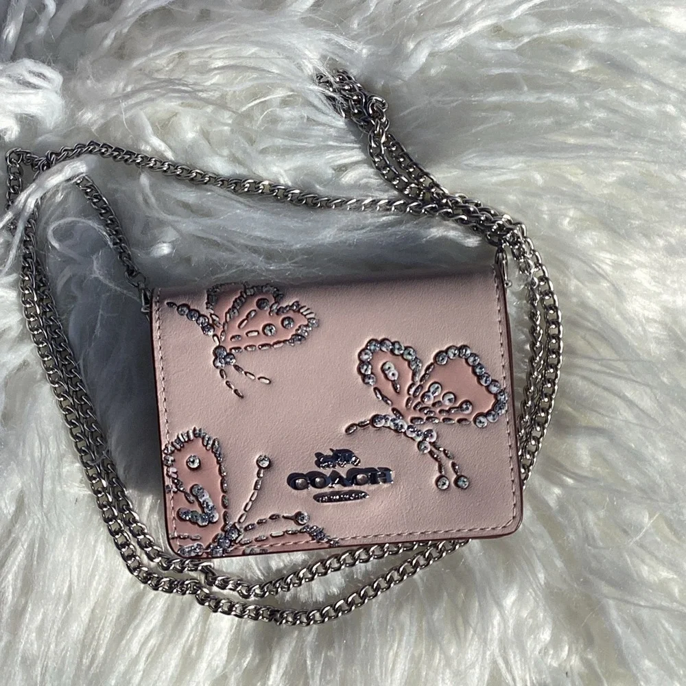 NWT Coach Smooth Leather Chain Wallet Crossbody With Sparkly Butterfly Design - Picture 3 of 6